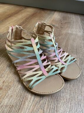 V Girls Rainbow Ombre Glitter Gladiator Sandals Strappy Back Zip Flat Size 4